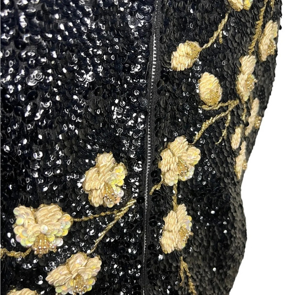 Vintage 1950’s Handbeaded Sequins Top 3D Florals - Picture 3 of 7